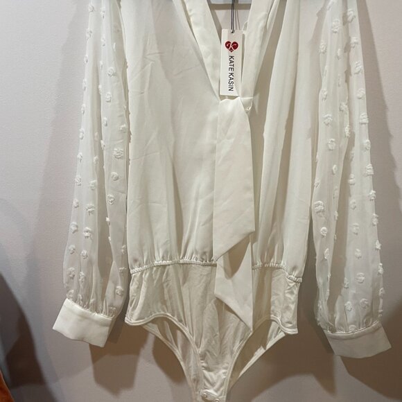 Kate Kasin Long Sleeve Sheer Mesh Pointelle Bodysuit Pussybow Necktie Size Med - Picture 3 of 10